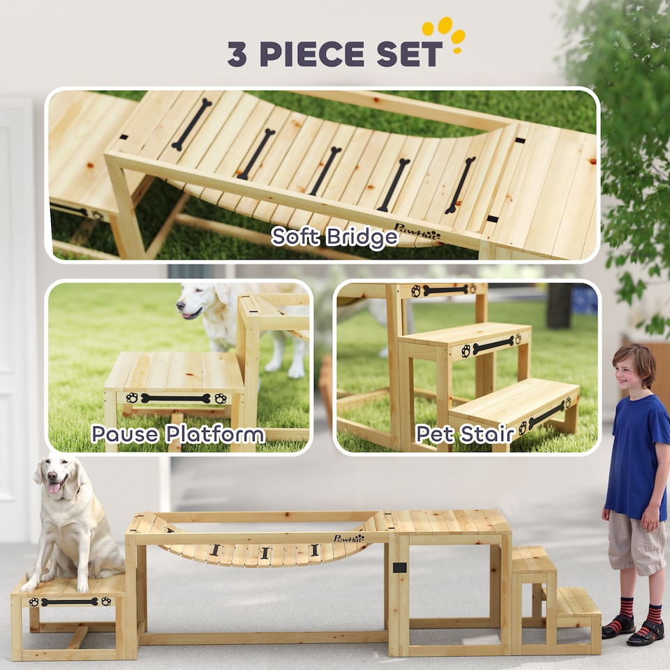 image 1 of PawHut Dog Agility Equipment 3 Pieces Wooden Dog Agility Set with Soft Bridge, Pause Platform and Pet Stair for Outdoor, Natural Wood