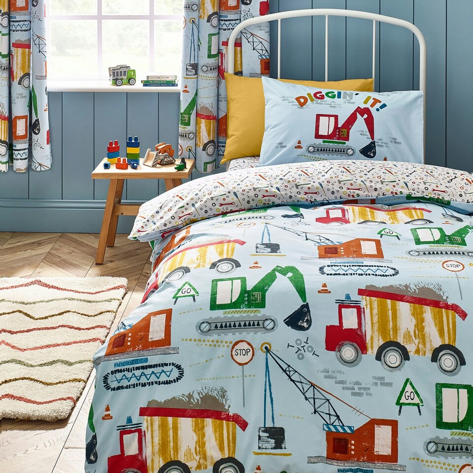 image 1 of Catherine Lansfield Kids Digger Dreams Reversible Junior Duvet Cover Set Blue