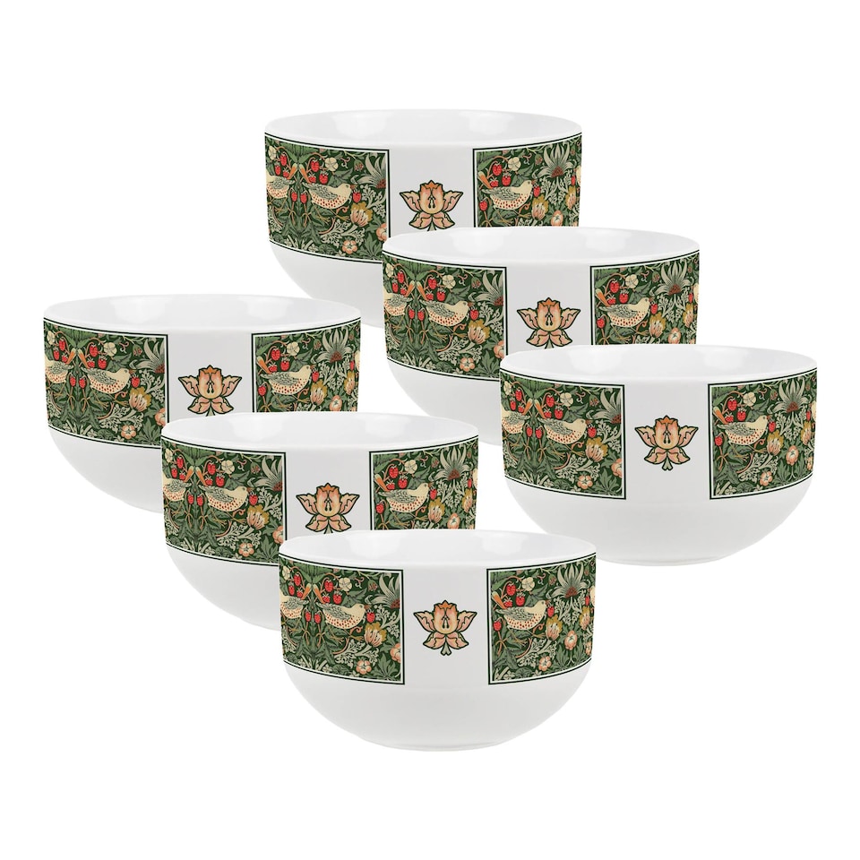 image 1 of Green Strawberry Thief Ceramic Bowl - Set of 6