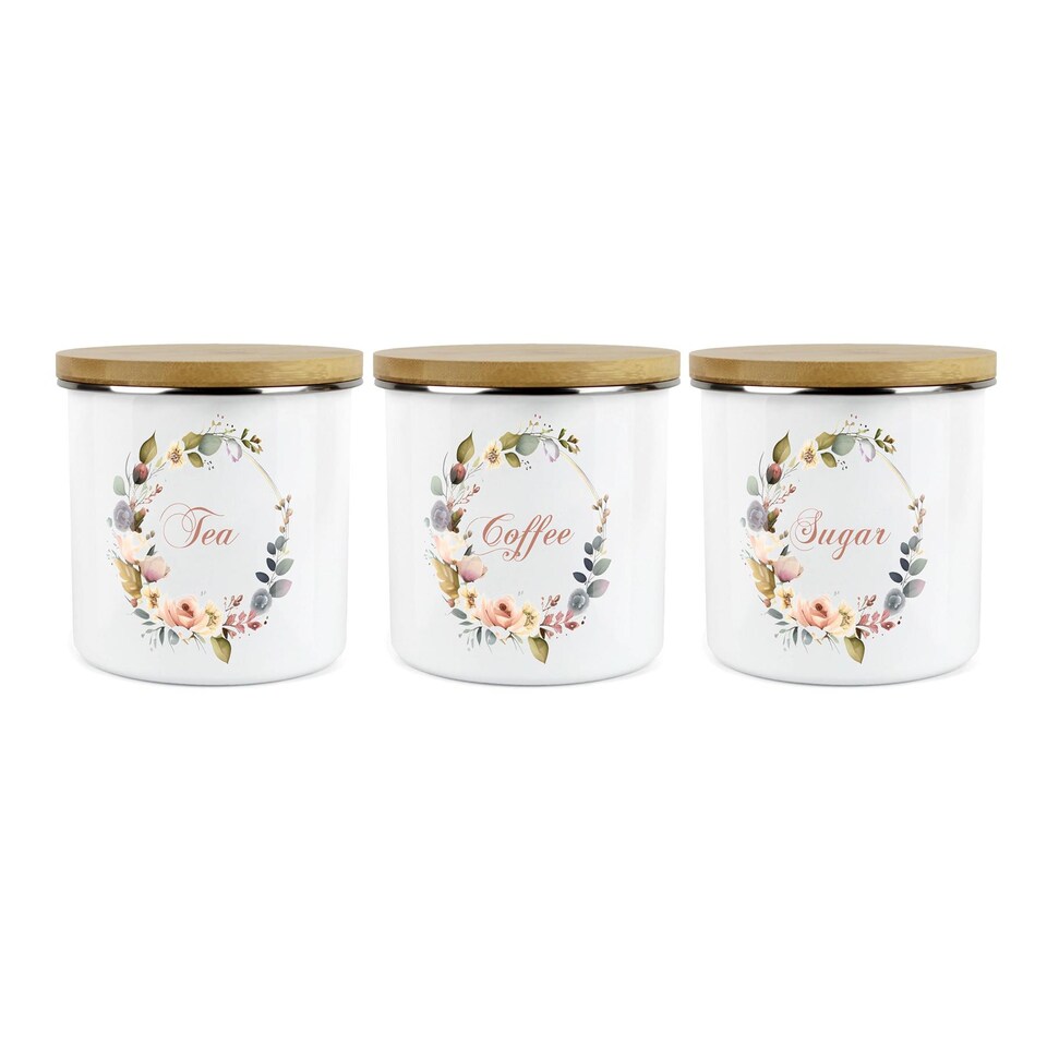 image 1 of Floral Wreath Tea, Coffee & Sugar Large Kitchen Canisters - Set of 3