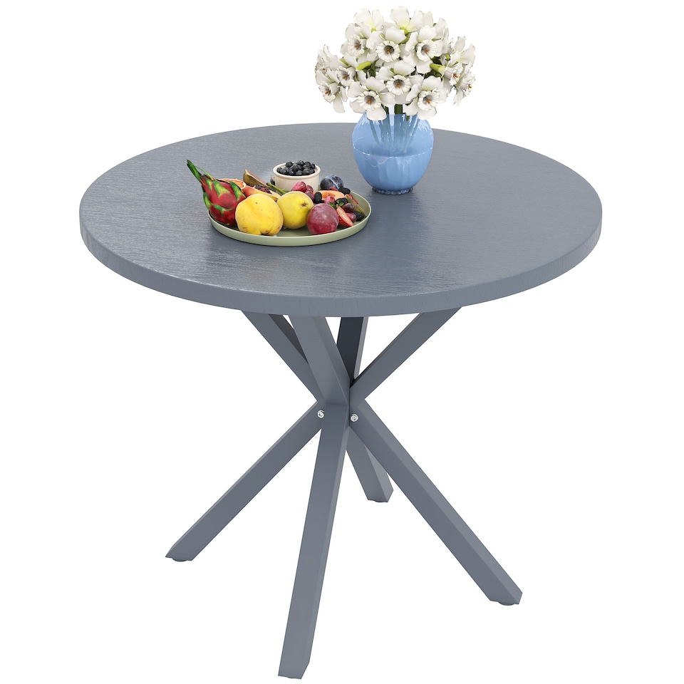image 1 of Outsunny Garden Table, 85cm Round Outdoor Dining Table with Steel Frame, Wood Effect Top, for Balcony, Deck, Dark Grey | Grey