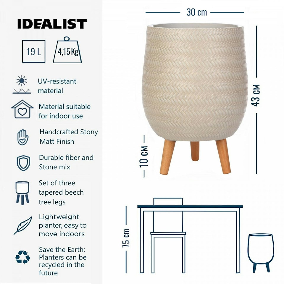 image 1 of Plaited Style Beige Planter with Legs, Round Indoor Plant Pot Stand for Indoor Plants by Idealist Lite D30 H43 cm, 19L
