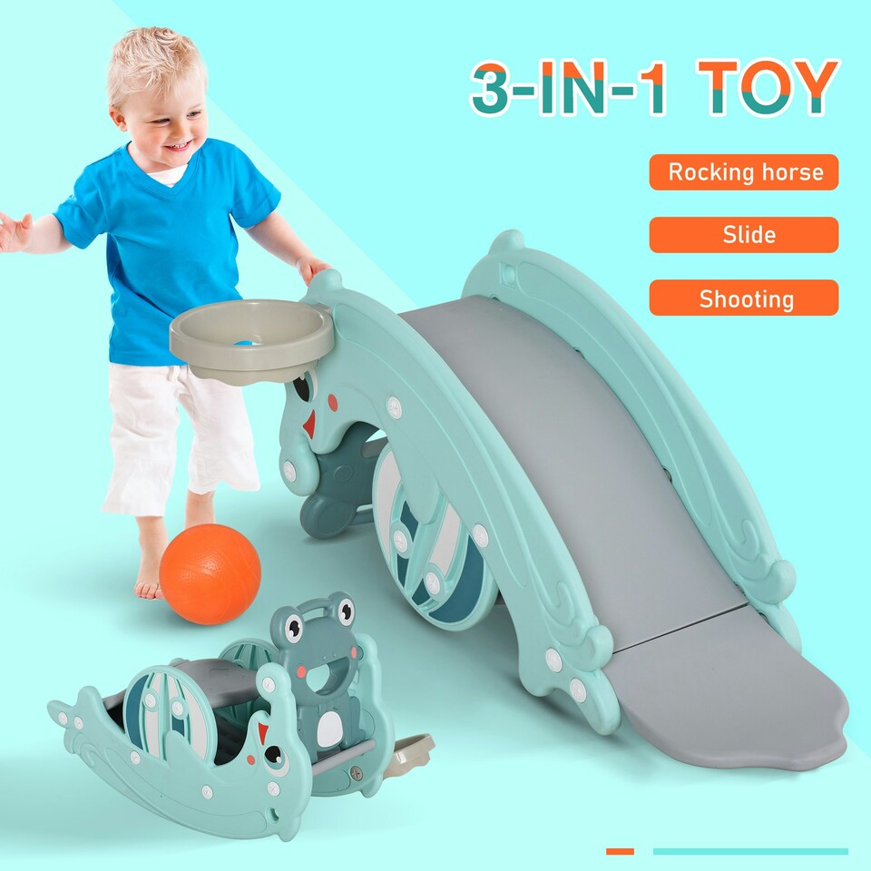 image 1 of HOMCOM 3-in-1 Baby Rocking Horse Portable Slide Basketball Hoop, Age 1.5-3