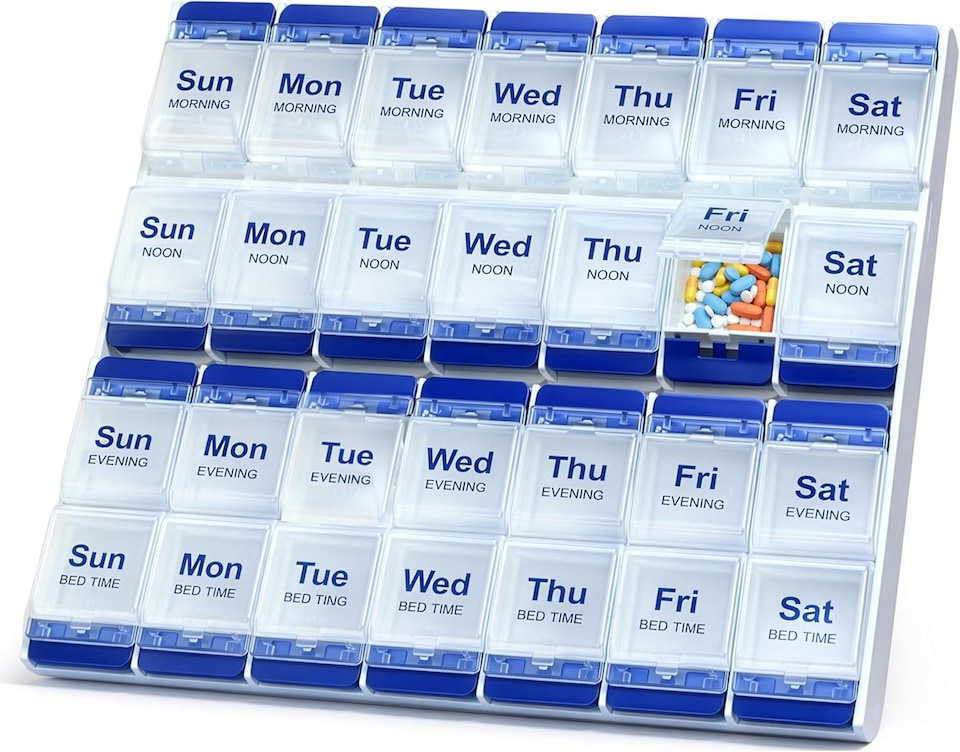image 1 of 7 Day Pill Organizer Push Button Box Large Compartments Compact Spill-Proof Home