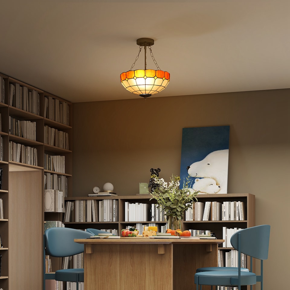 image 1 of HOMCOM 40 cm Tiffany Style Ceiling Light, Vintage Stained Glass Chandelier with 3 E27 Sockets, Semi Flush Mount Pendant Light for Living Room, Bedroom, Hallway, Bulbs Not Included, Orange and White | Orange