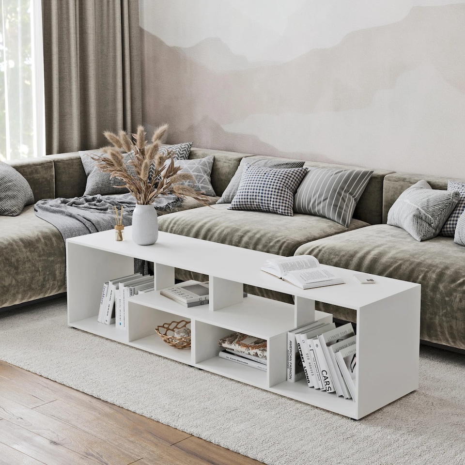 image 1 of Shelby Abstract Large Double Coffee Table With Storage Shelves TV Stand 160cm | Multi | White