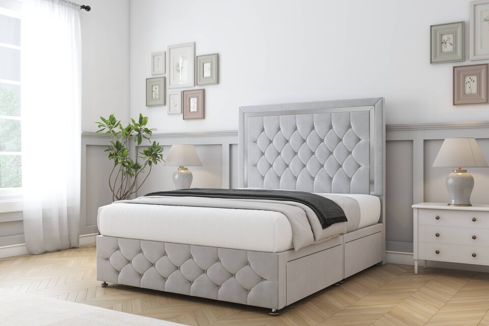 image 1 of Sloomy Sofia Chrome Silver Plush Divan Bed With Mattress 2 Drawers Left Side With 54" Floor Standing Headboard & 12" Matching Footboard 2'6 Small Single | Silver | Silver | Small Single | 1