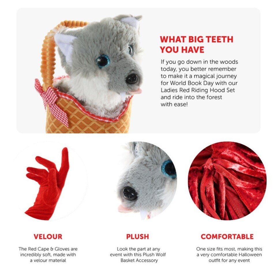 image 1 of Red Riding Hood Set - Cape, Basket with Wolf & Gloves Red | One Size