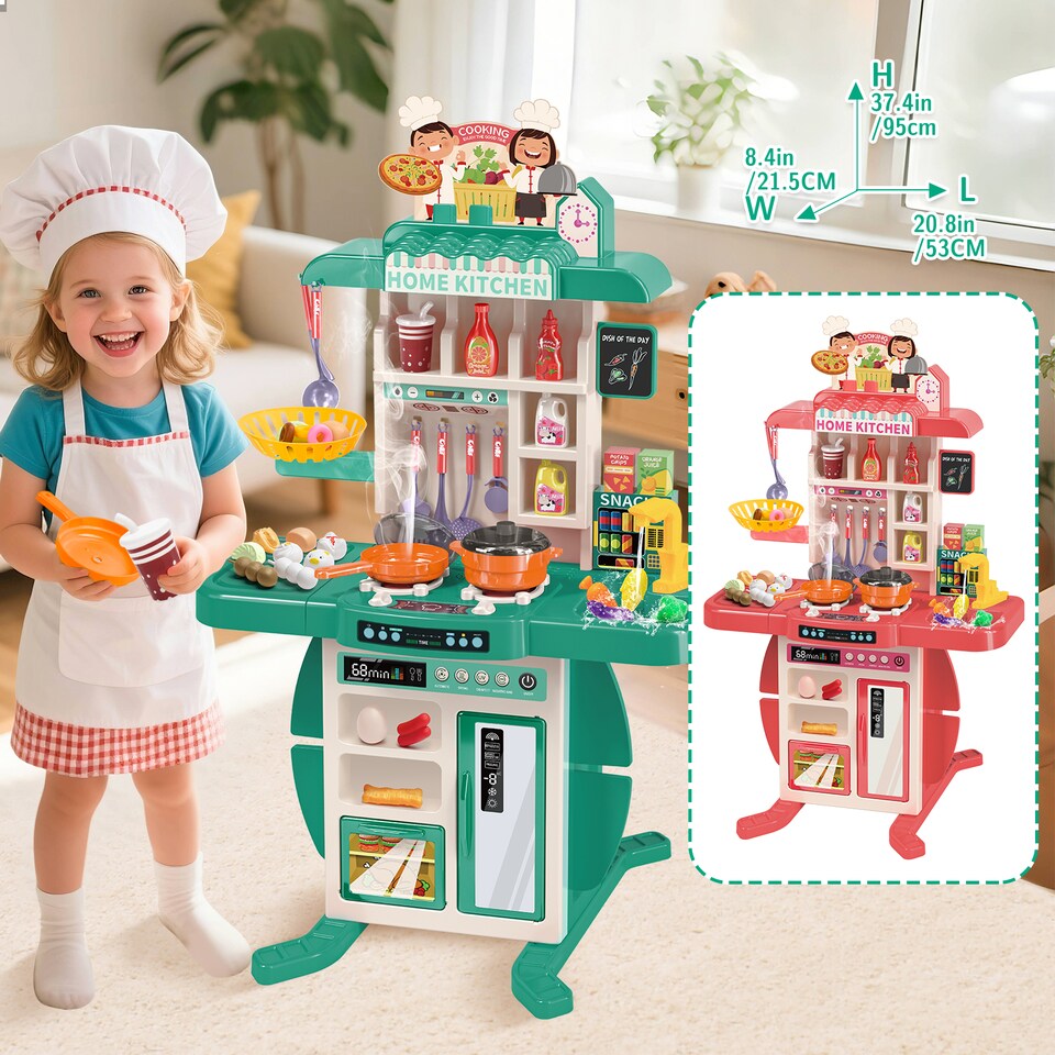 image 1 of Realistic Kitchen Play Set for Toddlers Steaming Spray Lights Cooking Sounds Pretend Role Play (Green)