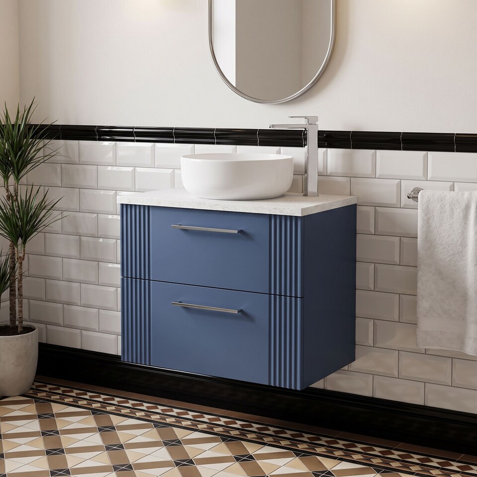 image 1 of Balterley Partial Fluted 2 Drawer Wall Hung Vanity Unit with Sparkling Laminate Worktop | Blue | Satin Blue