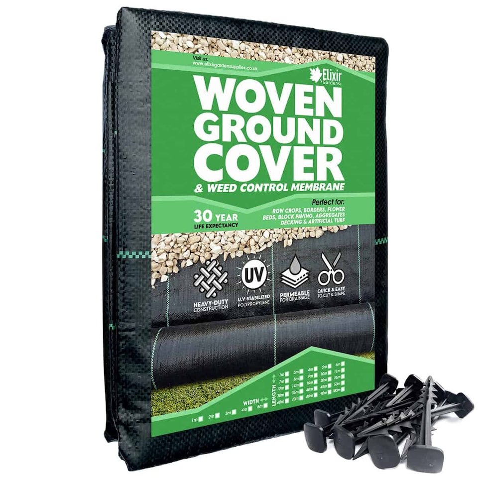 image 1 of Elixir Gardens 5m Wide Woven Weed Control Landscape Fabric/Membrane + 2 Pegs per M (5m x 5m + 10 pegs)