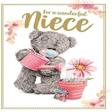 Niece Photo Finish Birthday Card with Bear Watering Plant