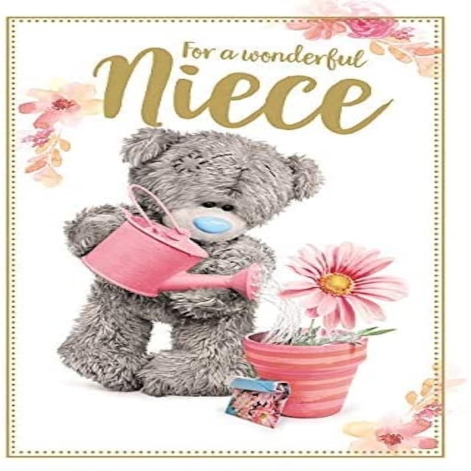 image 1 of Niece Photo Finish Birthday Card with Bear Watering Plant