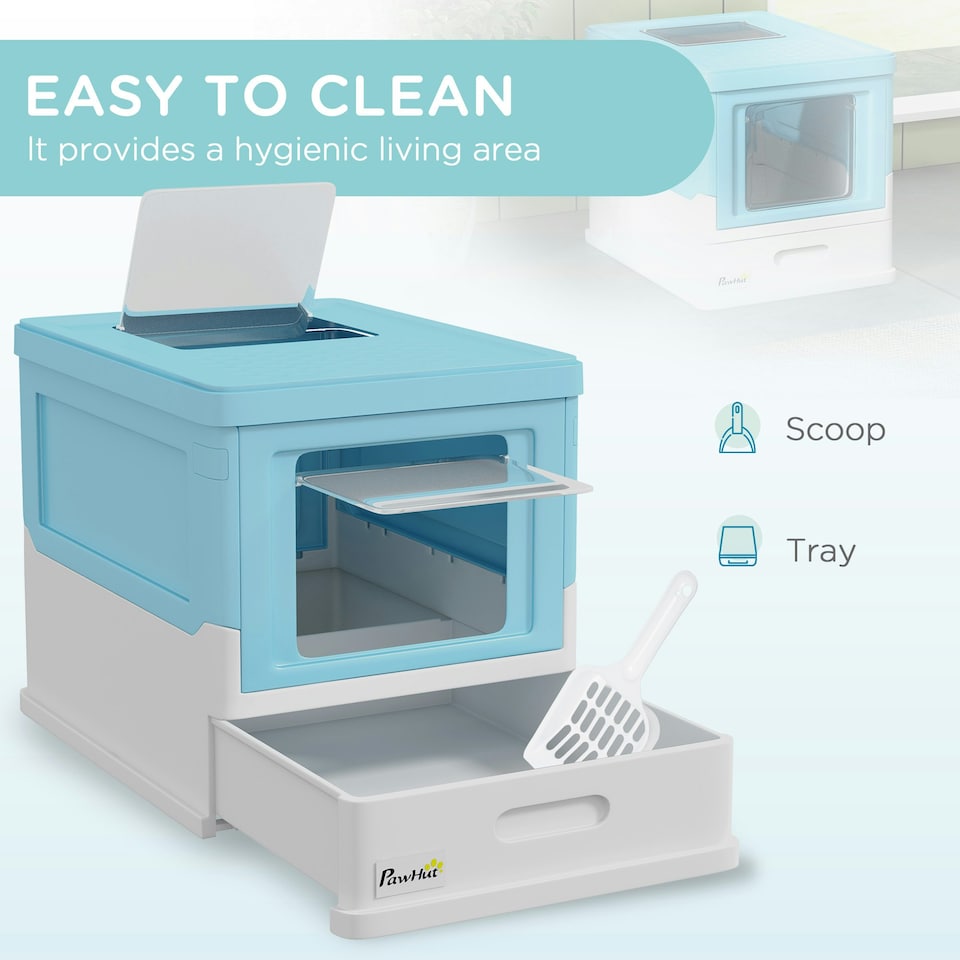 image 1 of PawHut Hooded Cat Litter Box, Pet Toilet w/ Scoop, Tray - Light Blue Blue