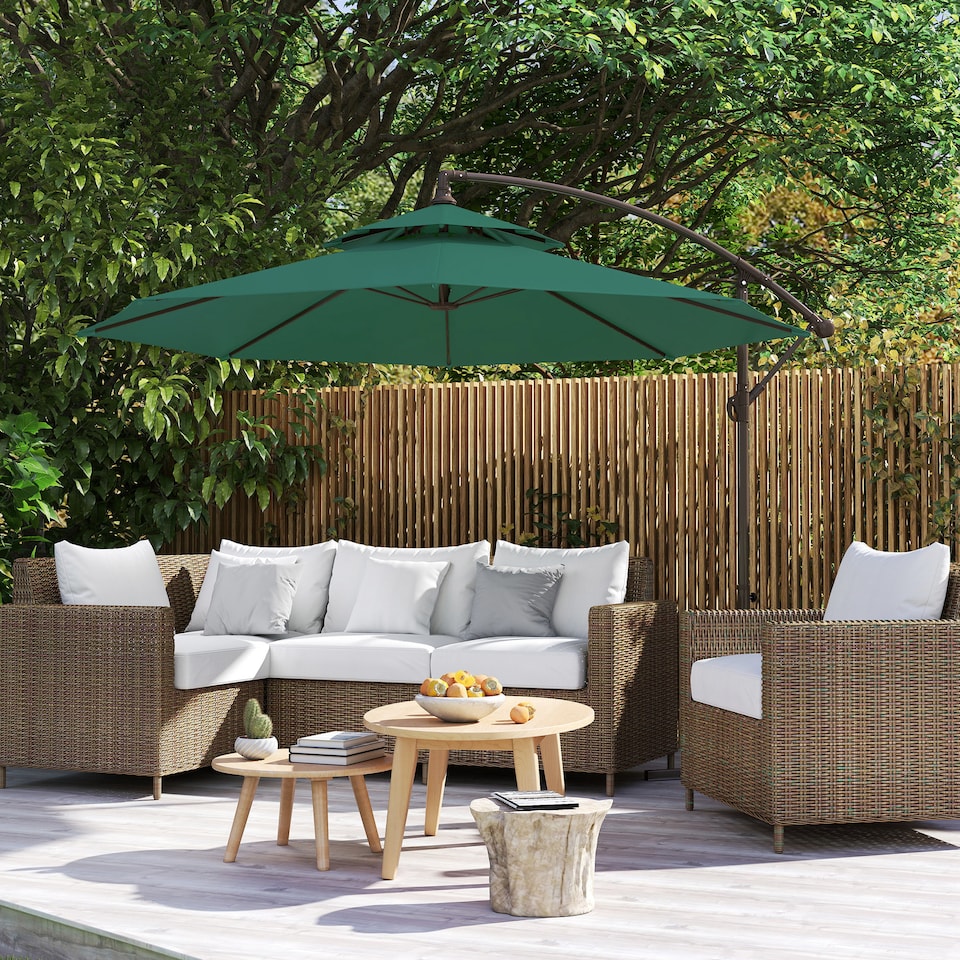 image 1 of Outsunny 2.7m Garden Banana Parasol Cantilever Umbrella with Crank Handle, Double Tier Canopy and Cross Base for Outdoor, Hanging Sun Shade, Green