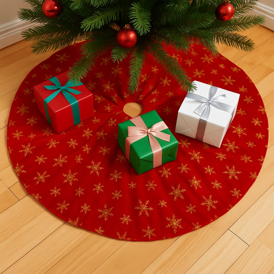 image 1 of 100cm Christmas Tree Skirt Large Red & Gold Snowflake Mat, Tree Skirt