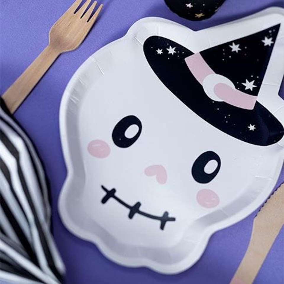 image 1 of Skull Shaped Halloween Paper Plates 27cm - Pack of 6 White