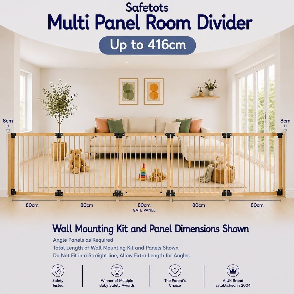 image 1 of Safetots Wooden Multi Panel Room Divider, up to 416cm, Natural Wood, 76cm Tall, Flexible Room Divider for Baby and Toddler | Cream | Natural
