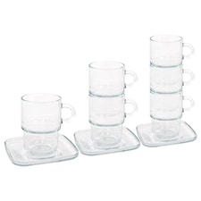 LAV 12pc Cozy Stacking Glass Coffee Cups & Saucers Set - 350ml | Clear | Clear