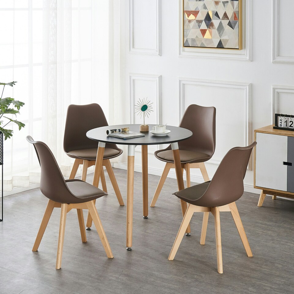 image 1 of Set of 6 Scandinavian Dining Chairs with Leather Cushions Solid Wood Legs Brown
