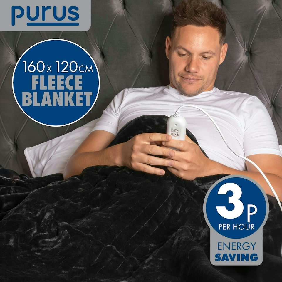 image 1 of Purus Electric Heated Fleece Blanket Throw 160x120cm - Black