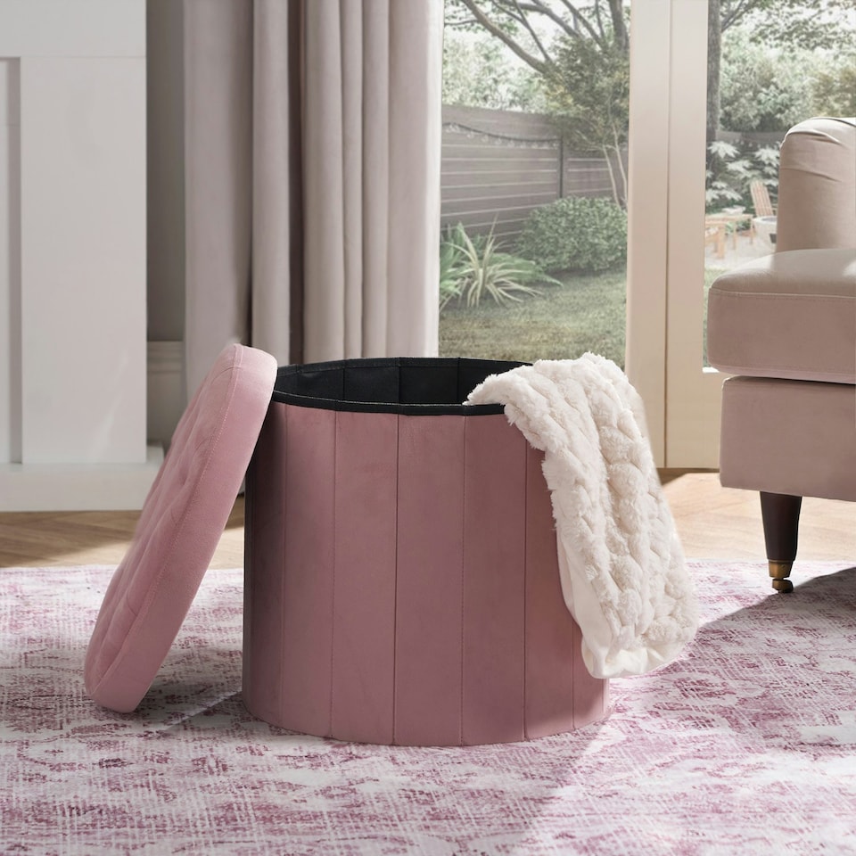 image 1 of OHS Matte Velvet Soft Round Foldable Footstool Seat Storage Organiser Ottoman | Pink | Blush Pink
