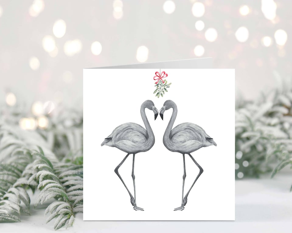 Libra Fine Arts Flamingo Kisses Mistletoe Festive Christmas Card 1 Pack