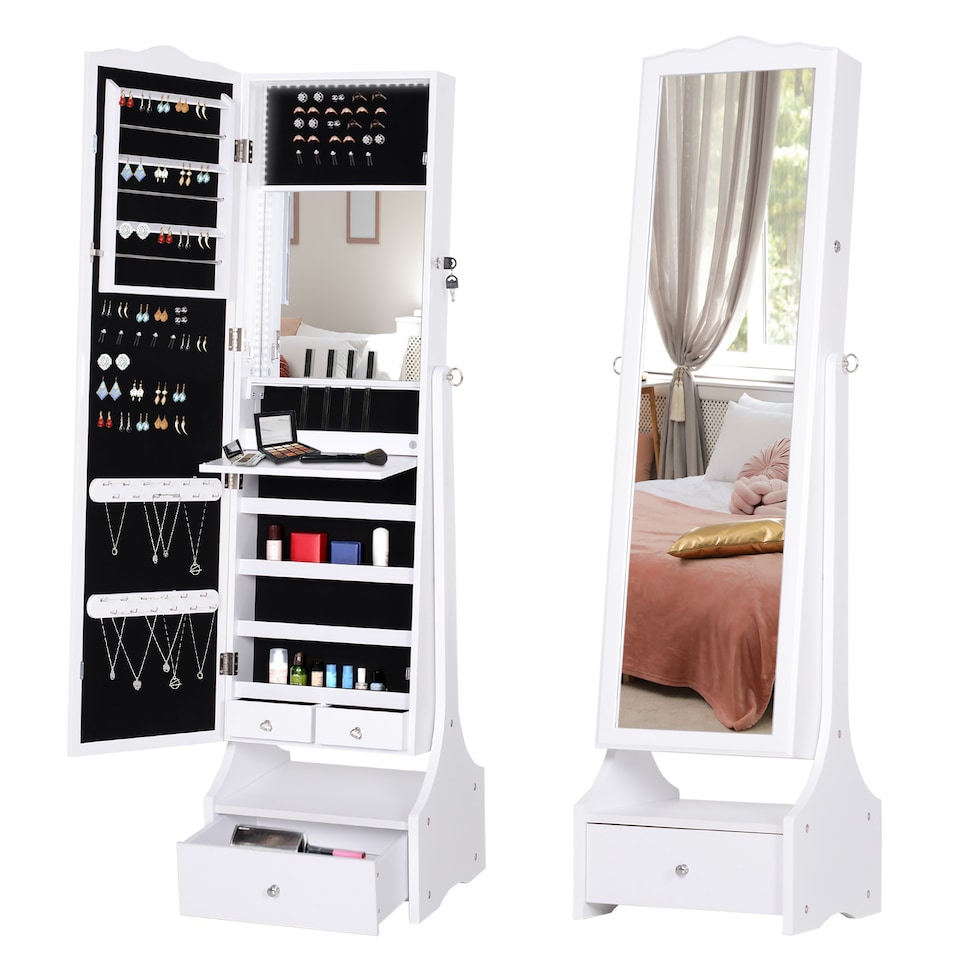 image 1 of HOMCOM Jewellery Cabinet with led, mirroir Cabinet Armoire Floor Standing Flip-over Makeup Shelf Organizer with lock white
