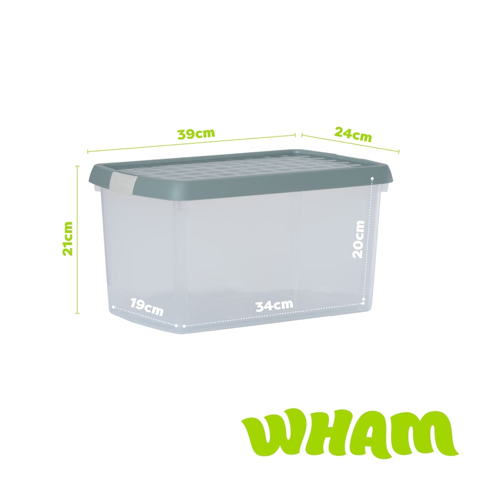 image 1 of Wham Clip 5x 14L Rectangular Plastic Storage Boxes with Clip Lock Lids. Ideal for Home, Office, Toys & More - Clear/Green Milieu | Green | Green Milleu | 5
