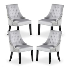 Set of 4 Velvet Dining Chairs Ergonomic Scoop Knockerback & Button Tufted Wood Legs Grey | Light Grey