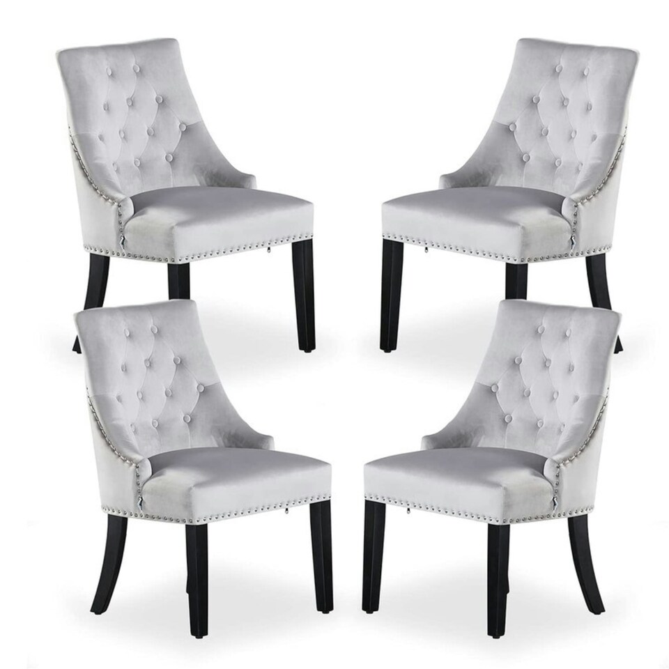 image 1 of Set of 4 Velvet Dining Chairs Ergonomic Scoop Knockerback & Button Tufted Wood Legs Grey | Light Grey