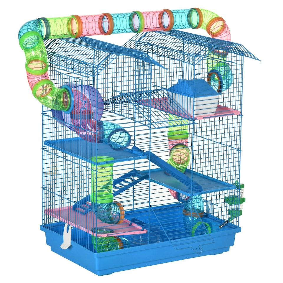 image 1 of PawHut 5 Tiers Hamster Cage Animal Travel Carrier Habitat, Blue