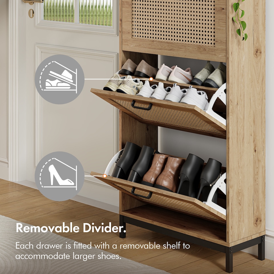 image 1 of VonHaus Rattan Shoe Storage Cabinet for Hallway with 3 Tier Drawers