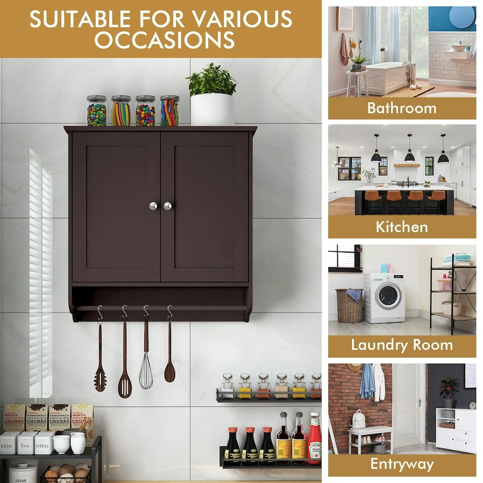 image 1 of COSTWAY Wall Mounted Bathroom Cabinet Medicine Storage Brown Brown