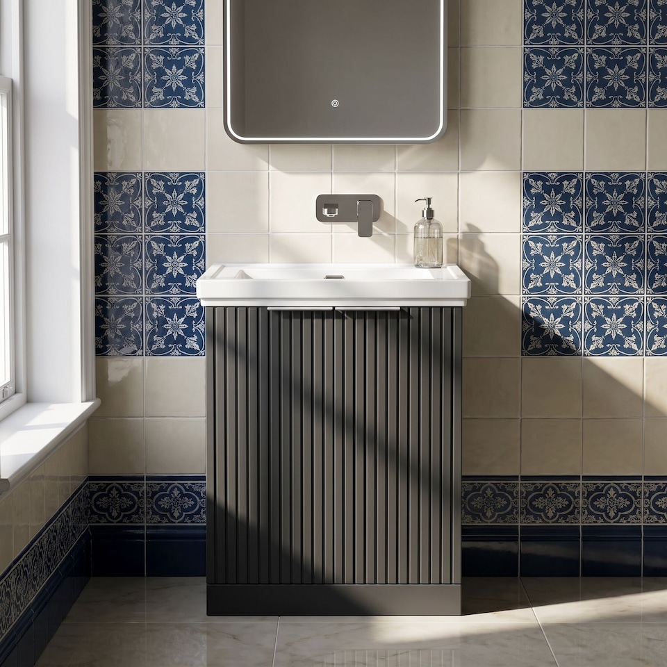 image 1 of Balterley Callingwood Contemporary Floor Standing 2 Door Vanity Unit with Traditional 0 Tap Hole Fireclay Basin , 600mm, Dark Grey