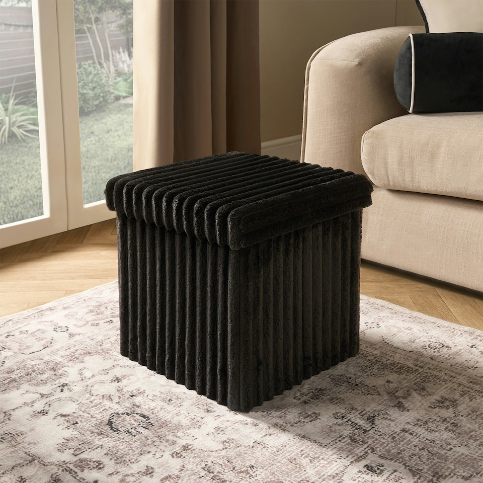 image 1 of OHS Soft Fleece Ribbed Foldable Cube Footstool Seat Storage Organiser Ottoman Cream