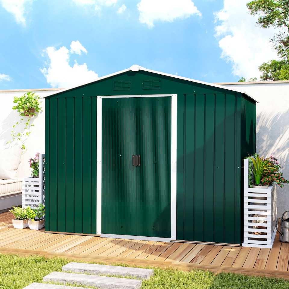 image 1 of Outsunny 7.7 x 5.7ft Metal Garden Shed with Ventilation Slots and Sliding Doors, Galvanised Outdoor Tool Storage House, Green