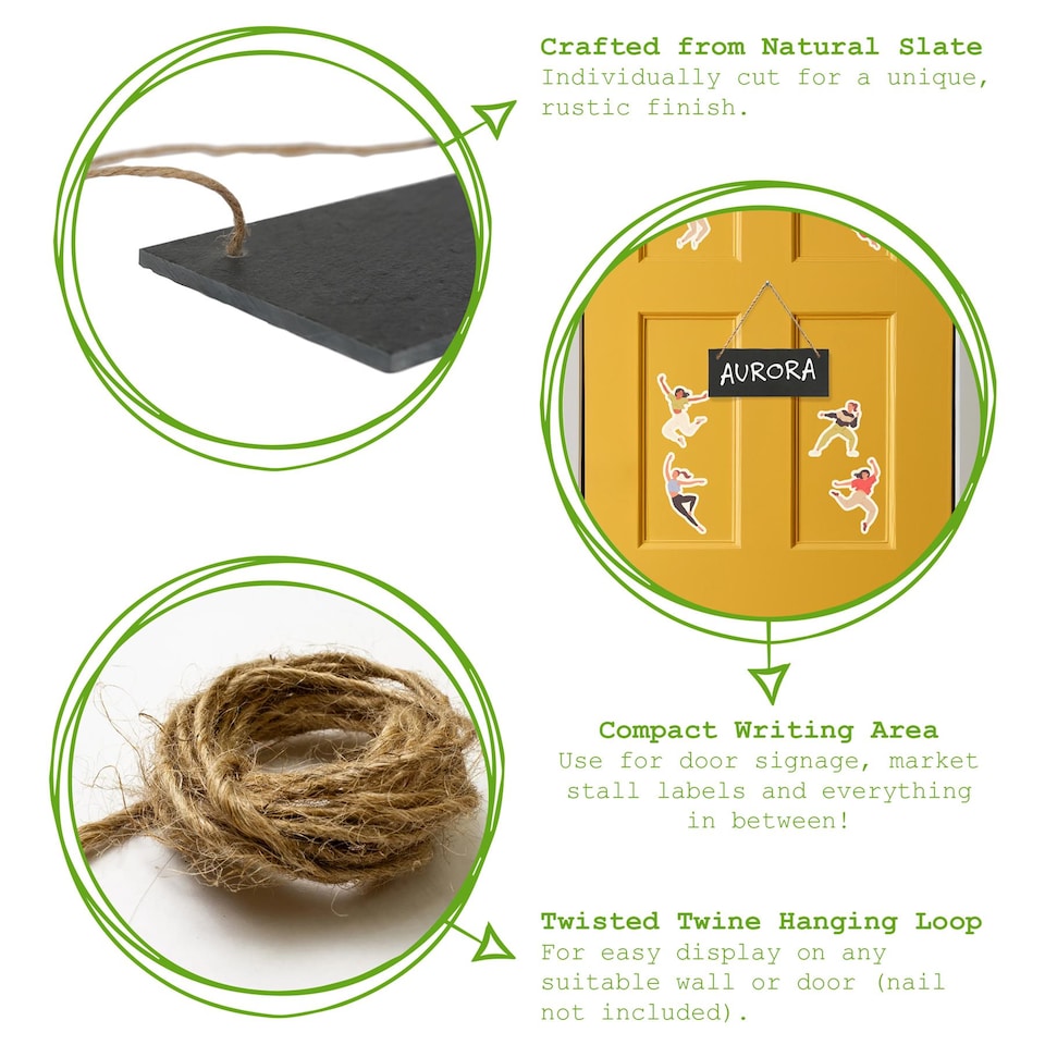 image 1 of Nicola Spring Rectangle Slate Memo Boards with Rope & Chalk Pencils - 25cm x 10cm - Black - Pack of 6