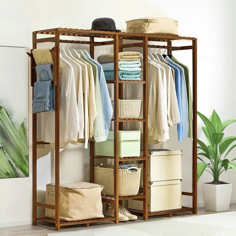 image 1 of Living and Home Urban & Rustic Clothes Rack with Hooks - 153cm W x 30cm D x 146.5cm H | Multi | One Size