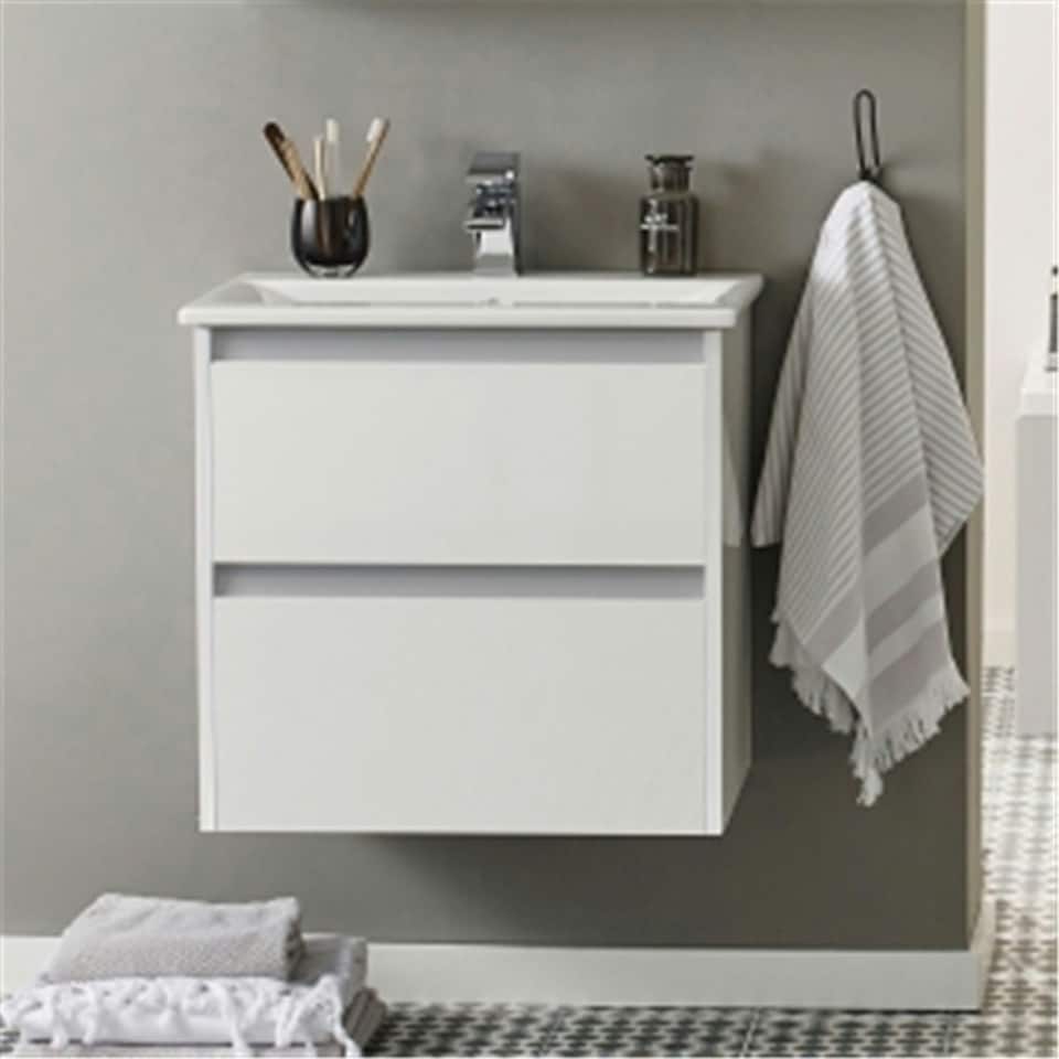 image 1 of Bathroom 2-Drawer Wall Hung Vanity Unit with Basin 800mm Wide - White - (Urban) - Brassware Not Included | White | White | 1
