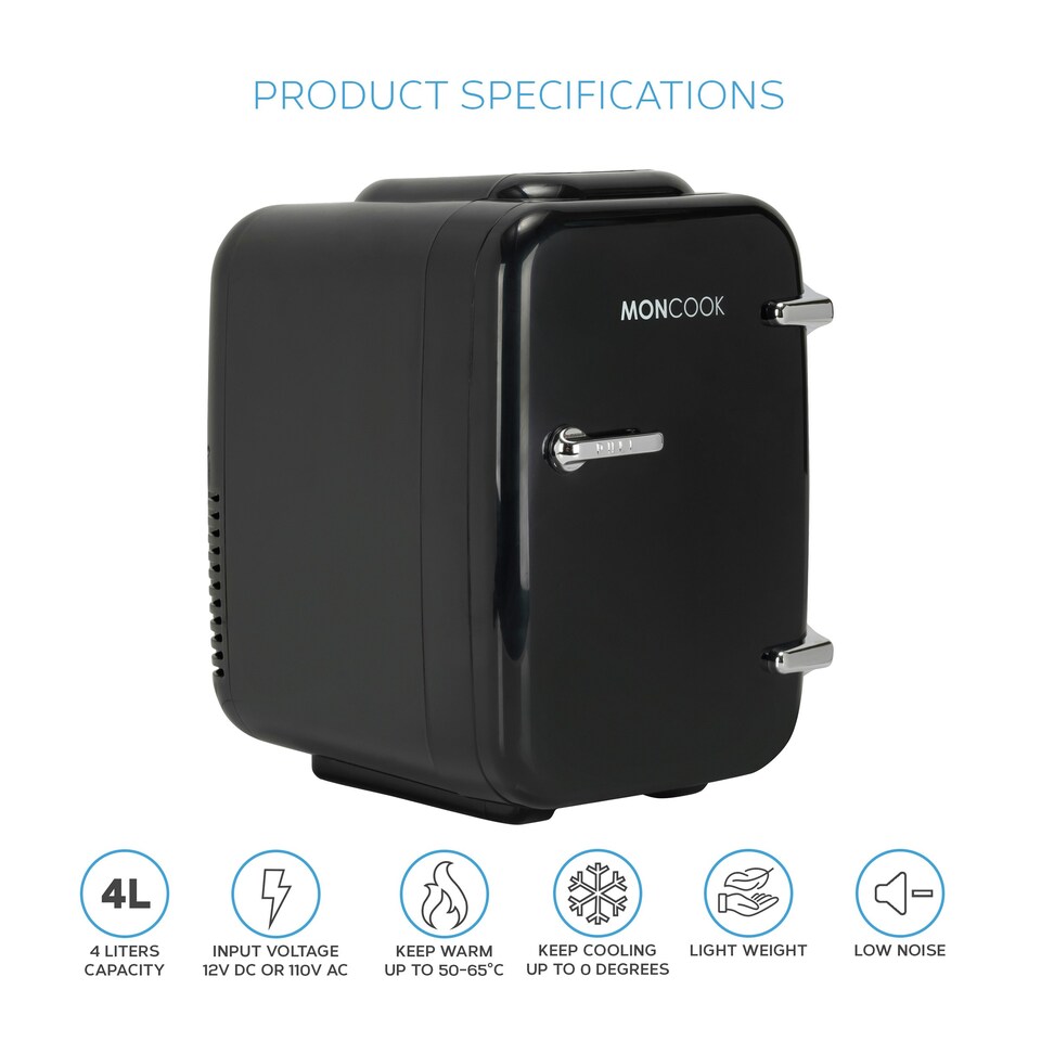 image 1 of MONCOOK Mini Fridge For Bedrooms - Portable & Quiet Mini Fridges For Skin Care, Beverages - Thermoelectric Cooler and Warmer Retro Small Fridge - 4L Full Black