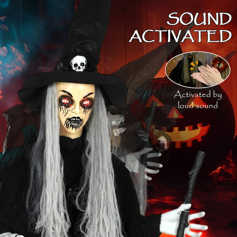 image 1 of Outsunny Voice Activated Halloween Animatronics Standing Witch, Black