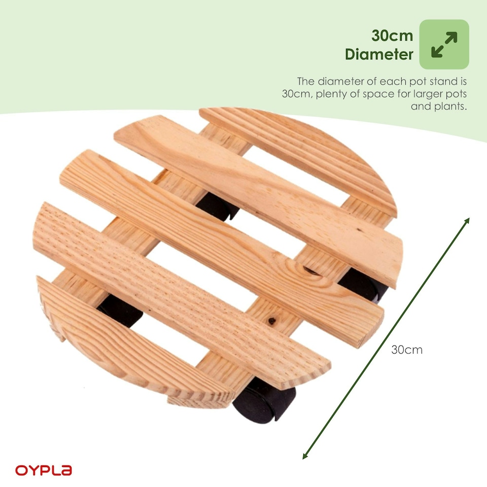 image 1 of Oypla Set of 2 30cm Wooden Plant Flower Pot Mobile Mover Trolley Stands