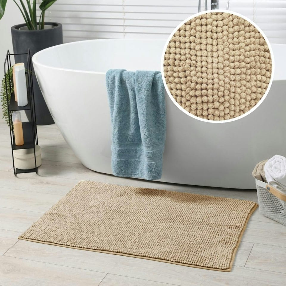 image 1 of Chenille Bobble Bath Mat Non-Slip 50 x 80cm - Beige