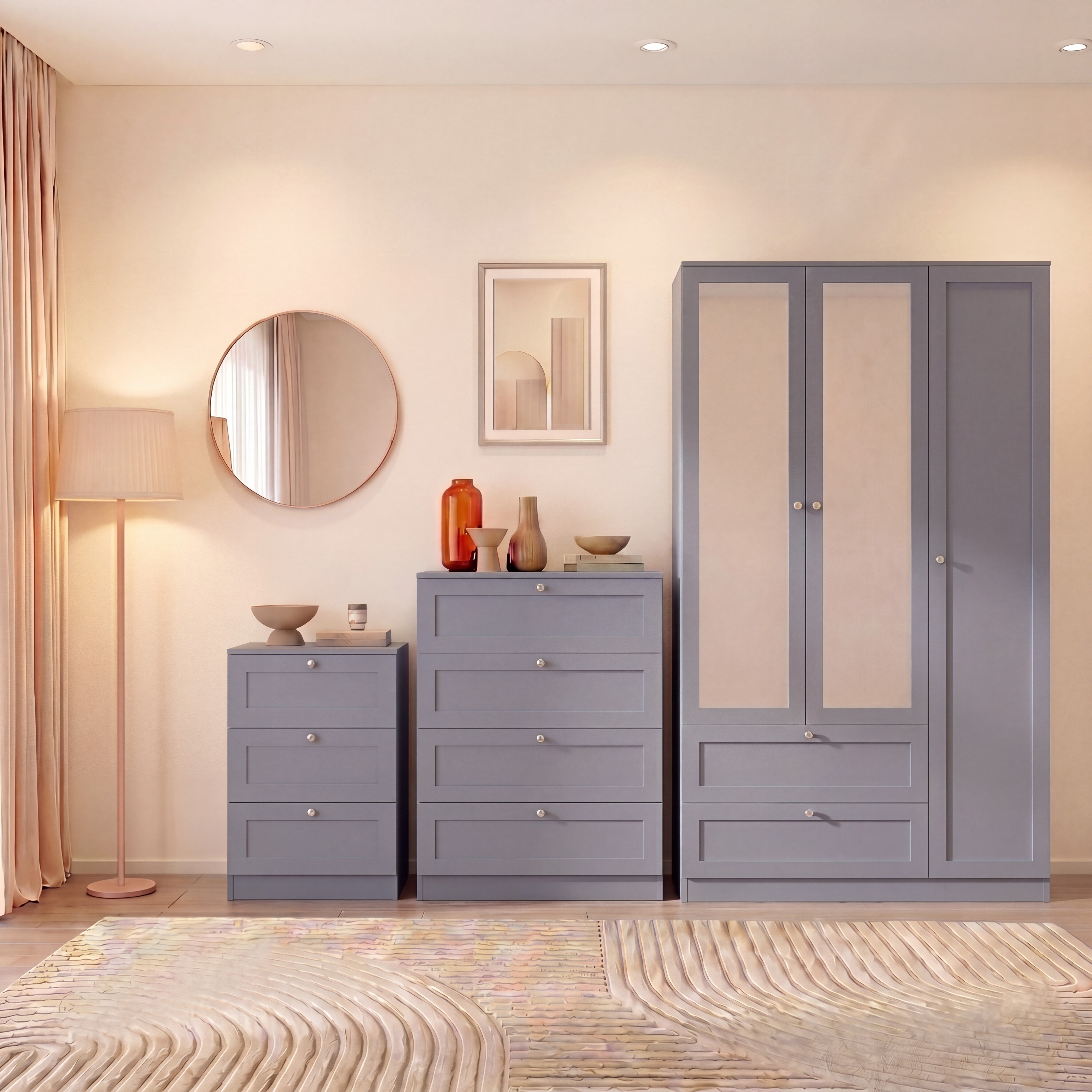 Vida Designs Altino 3 Piece Bedroom Set (3 Drawer Bedside, 5 Drawer Chest, 3 Door 2 Drawer Mirrored Wardrobe), Grey