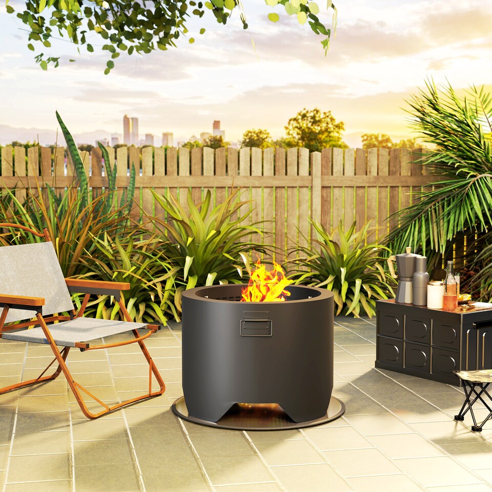 image 1 of Outsunny Outdoor Round Fire Pit with Lid, Wood Burning Firepit with Fire Poker and Floor Mat for Patio Bonfire BBQ Camping, Black