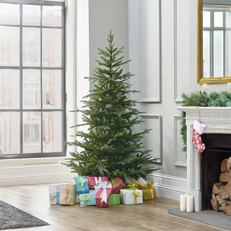 image 1 of Neo 7 Foot Artificial Green Natural Spruce Grandis Fir Real Realistic Look Shape Xmas Christmas Tree | Green | 7ft