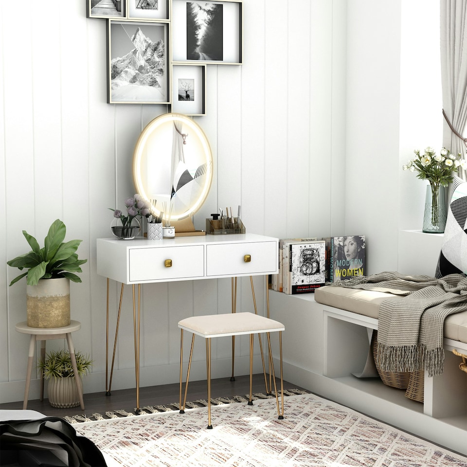 image 1 of HOMCOM Dressing Table Set With LED Mirror & Stool 2 Drawers Makeup Desk