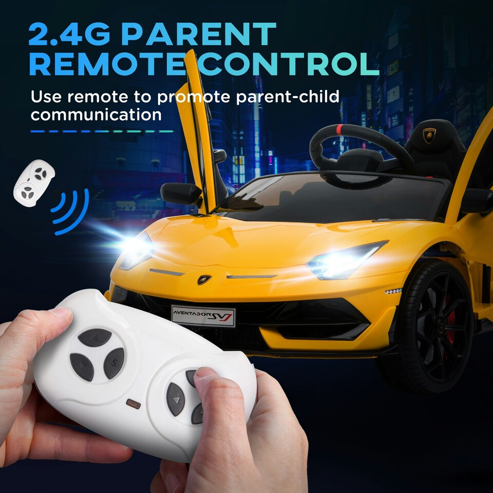 image 1 of HOMCOM Lamborghini SVJ 12V Ride-On Car w/ Lights Music Remote 3-8 Yrs Yellow