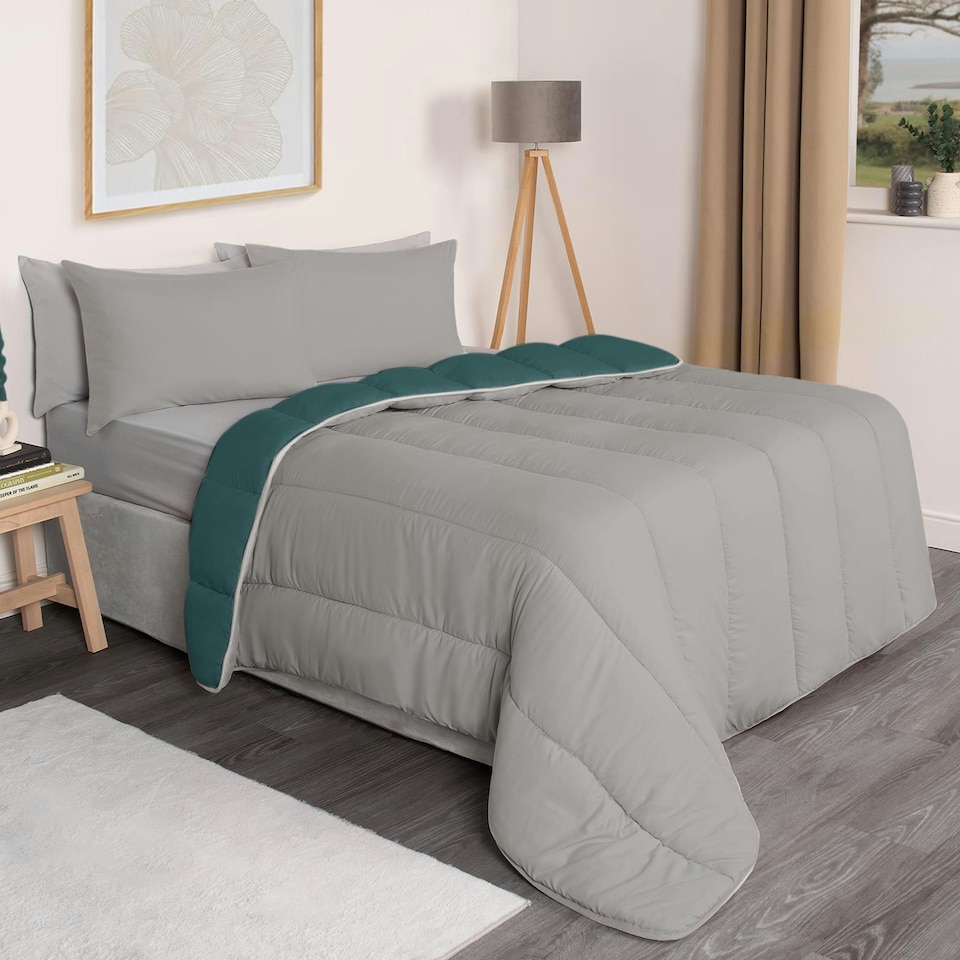image 1 of OHS Coverless Reversible 10.5 Tog Duvet And Pillowcase Bedding Set, Single - Teal/Grey | Multi | Teal and Grey | Single